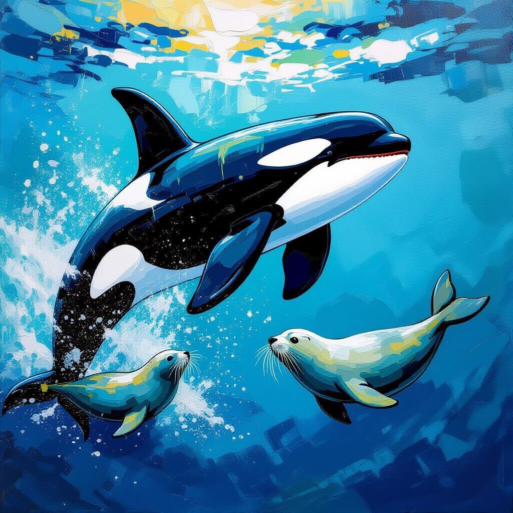 Orca Hunts Seal Underwater in Abstract Impasto Style