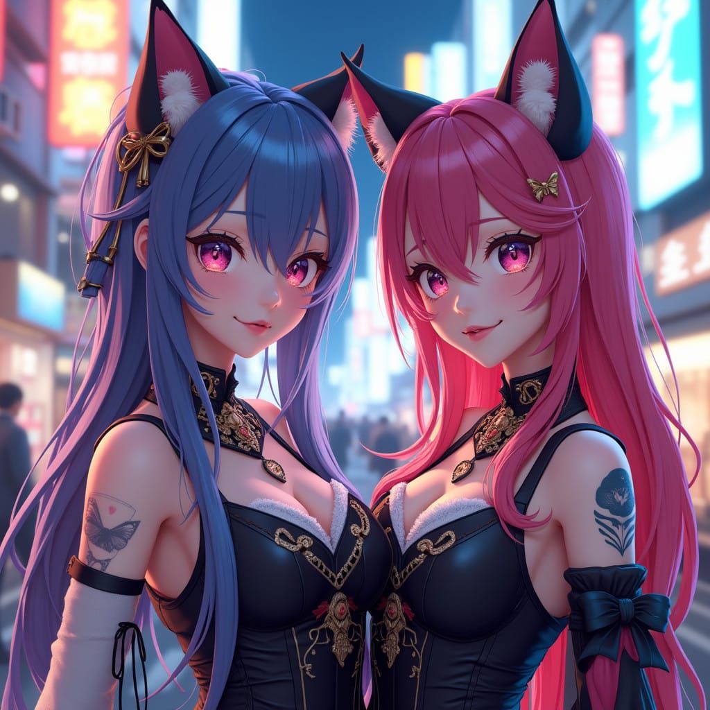 Catgirls Posing in Shinjuku's Neon Streets