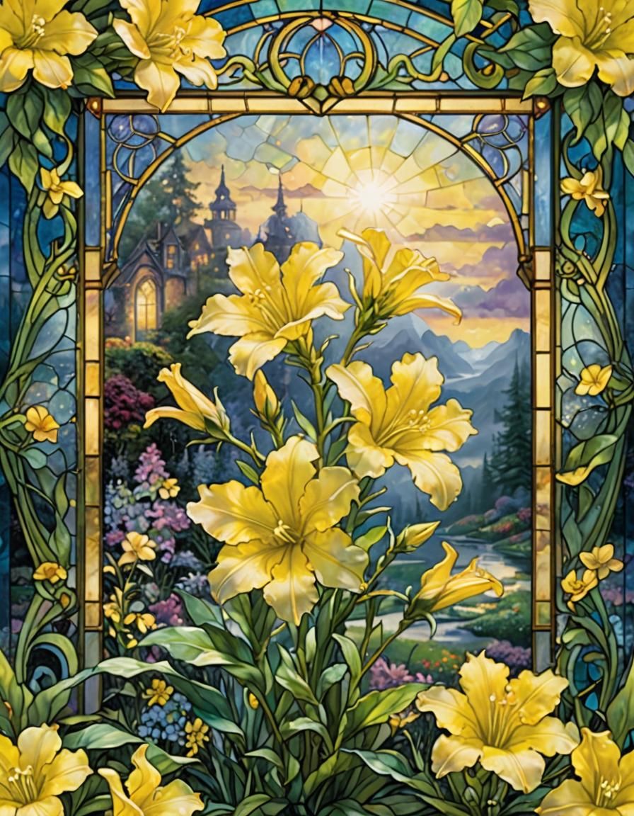 Ethereal Stained Glass Primrose in Kinkade Style