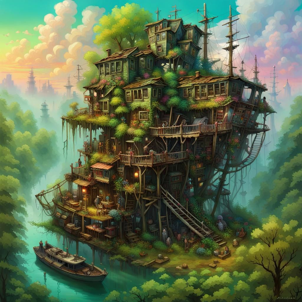 Isometric Treehouse Battleship in Neon Junkyard