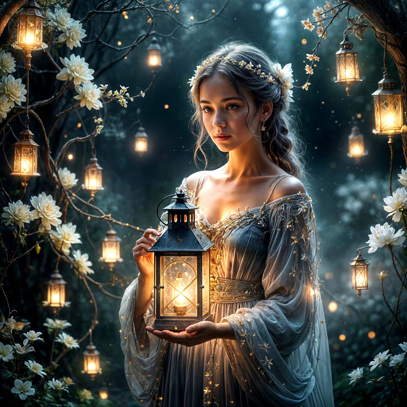 Ethereal Lady with Glowing Lantern in Foggy Floral Scene