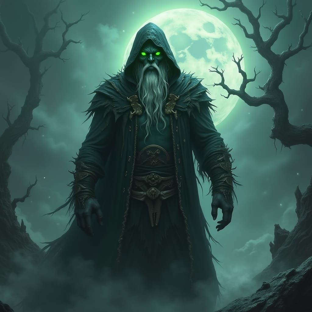 Dark Fantasy Orc Necromancer in Haunting, Ethereal Landscape