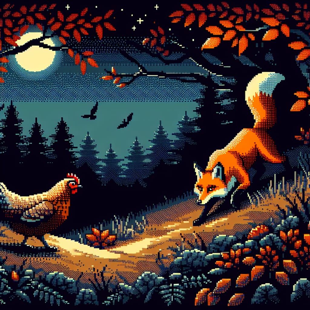 Cunning Fox Night Hunt in 8-Bit Pixel Art