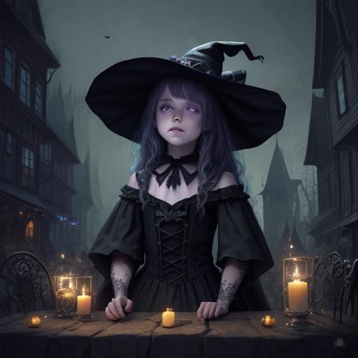 Enchanting Halloween Witch in Dark Fantasy Town