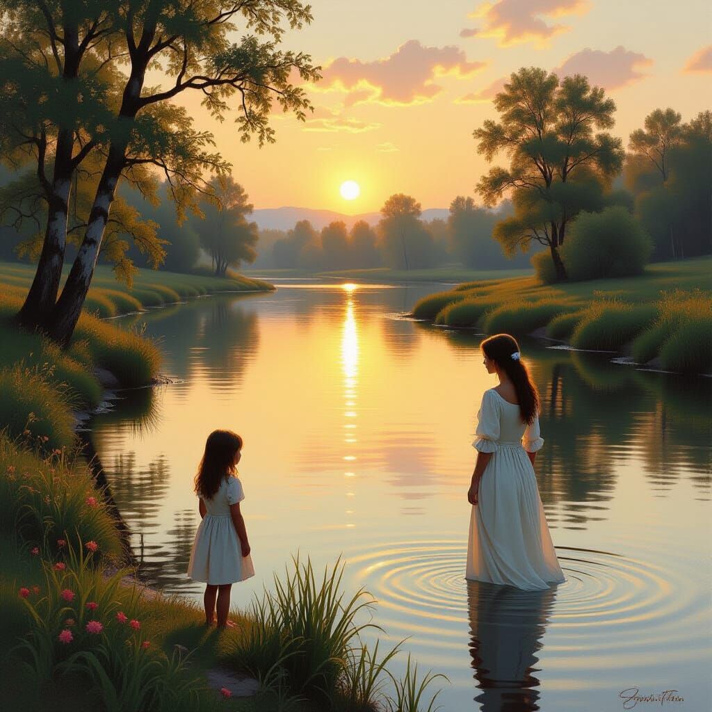 Girl and Woman Across River at Golden Hour