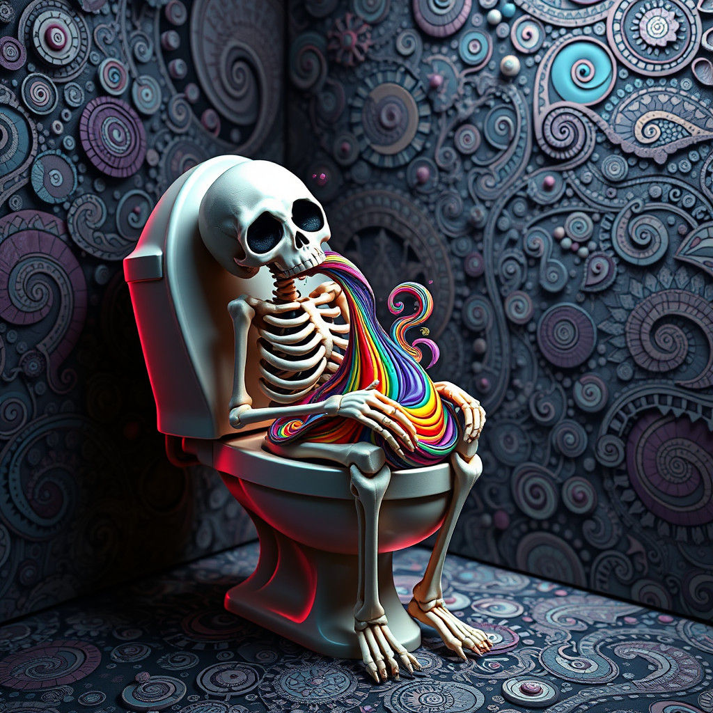 Whimsical Skeleton Pooping Rainbow Fractal in Zentangle Styl...