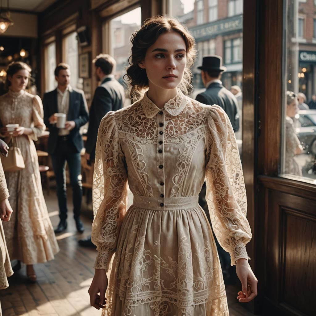 Victorian Dress in Coffee Shop: Fashion Editorial