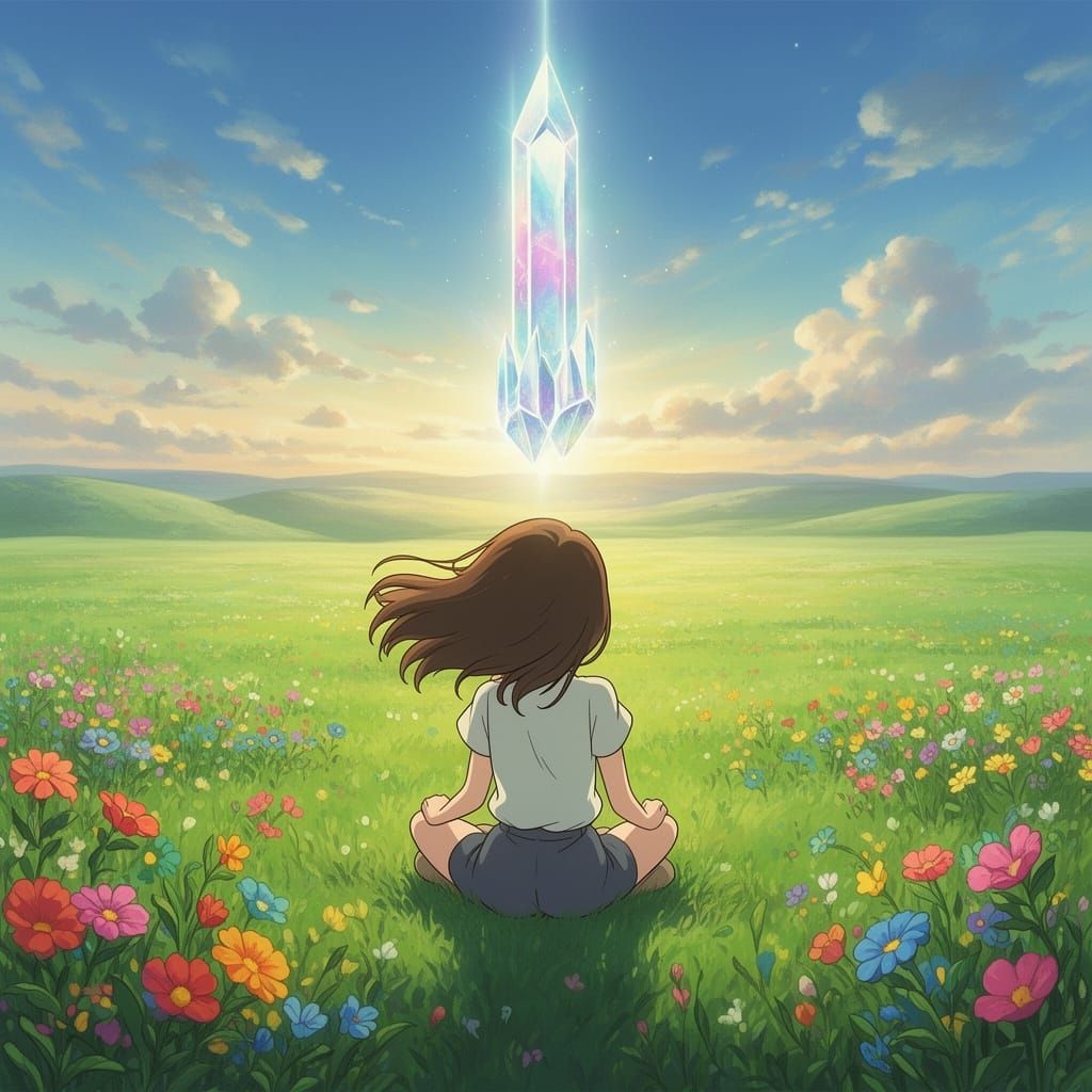 Girl Gazes at Giant Crystal Spire in Ghibli Anime Style
