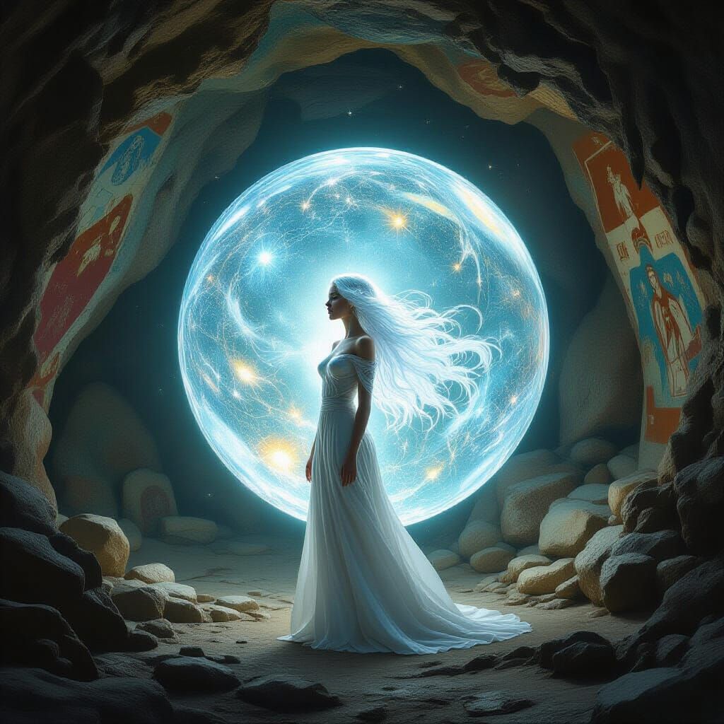 Ethereal Woman Radiating Light in Ancient Cave
