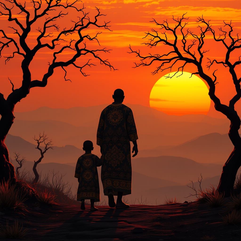 Serene African Fantasy Landscape with Traditional Robes and ...