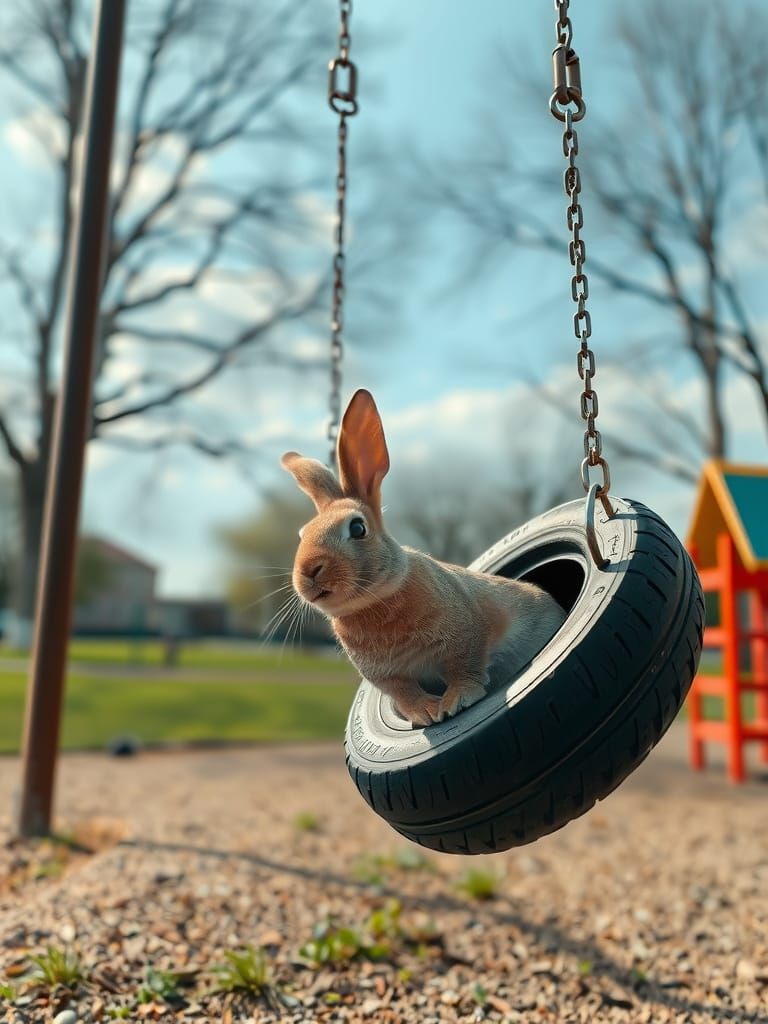 Rabbit Lazily Swings on Tire Swing in Empty Playground