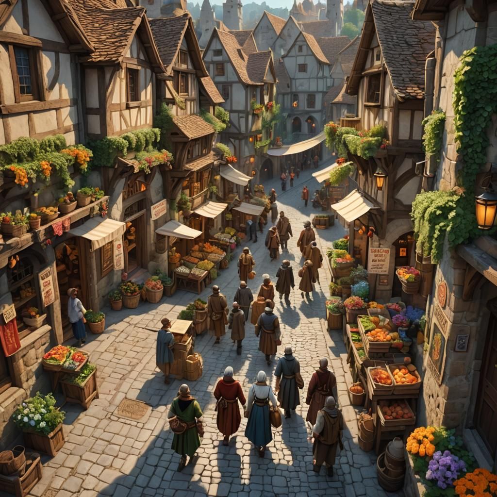 Bustling Medieval Village Street Scene in Golden Light