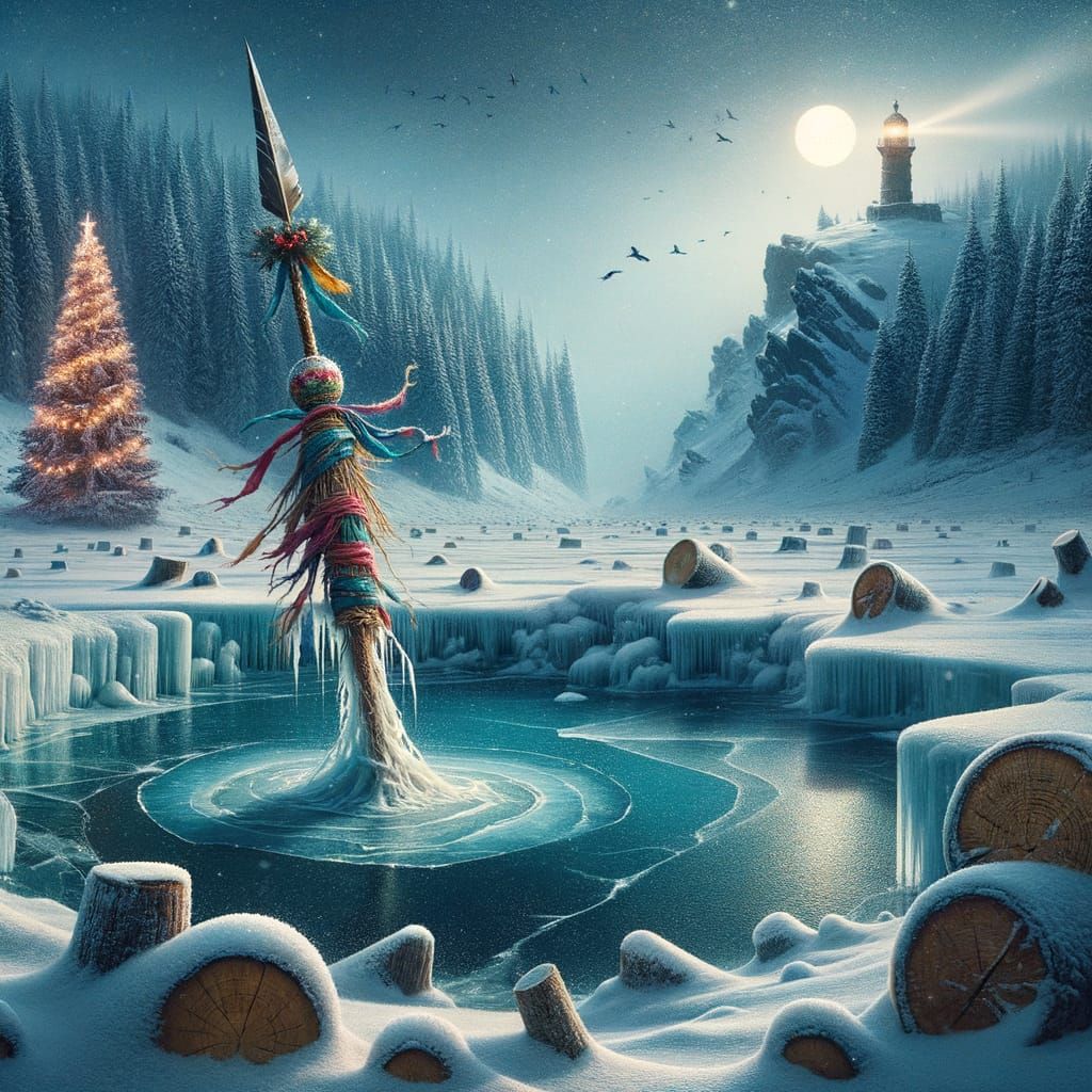 Surreal Winter Landscape with Christmas Tree and Lighthouse