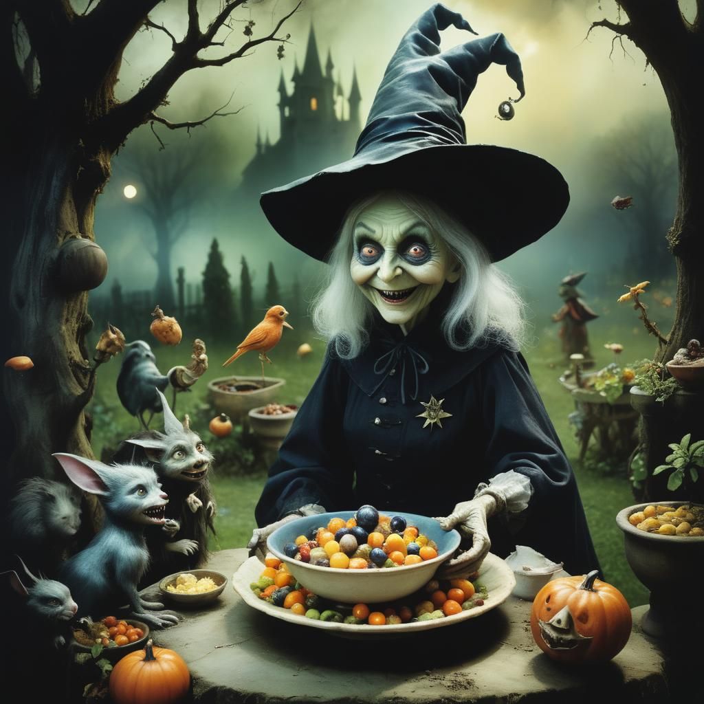 Vintage Photo of Witch Feeding Surreal Garden