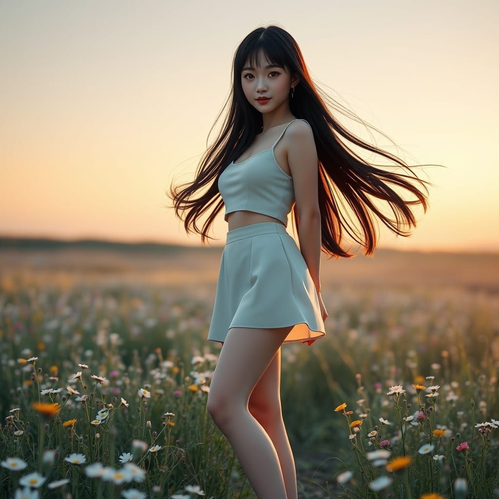 Hyperrealistic Japanese Woman in Wildflower Field at Dawn