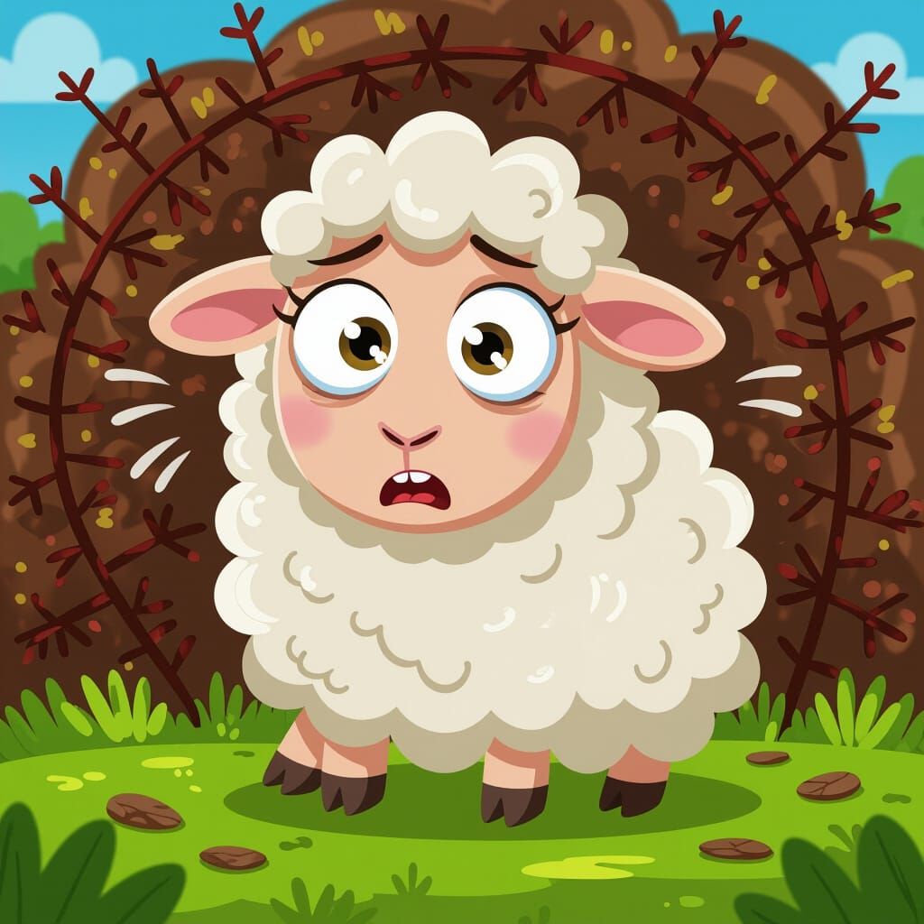 Scared Cartoon Sheep Near Brambles