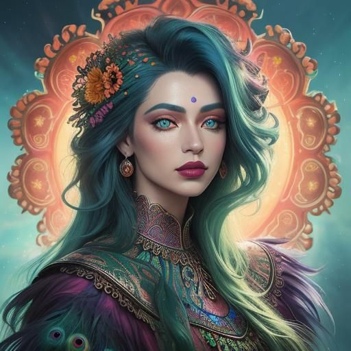 Iridescent Woman Portrait with Peacock Feathers, Digital Art