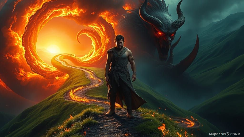 Hero Emerging from Flames, Eternal Conflict, Lush Green Land...