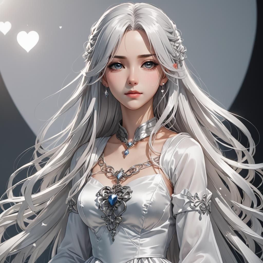 Anime Girl in White Gown with Silver Pendant