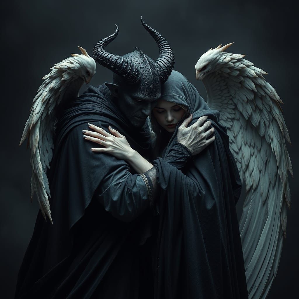 Angel and Demon Embrace in Photoart Style