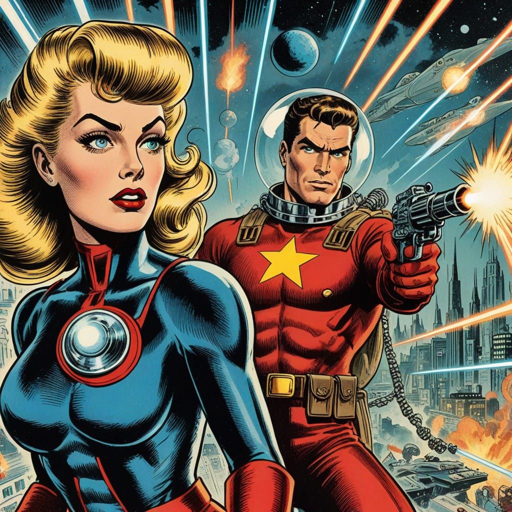Classic Pulp Superheroes in 1940s Comic Book Style