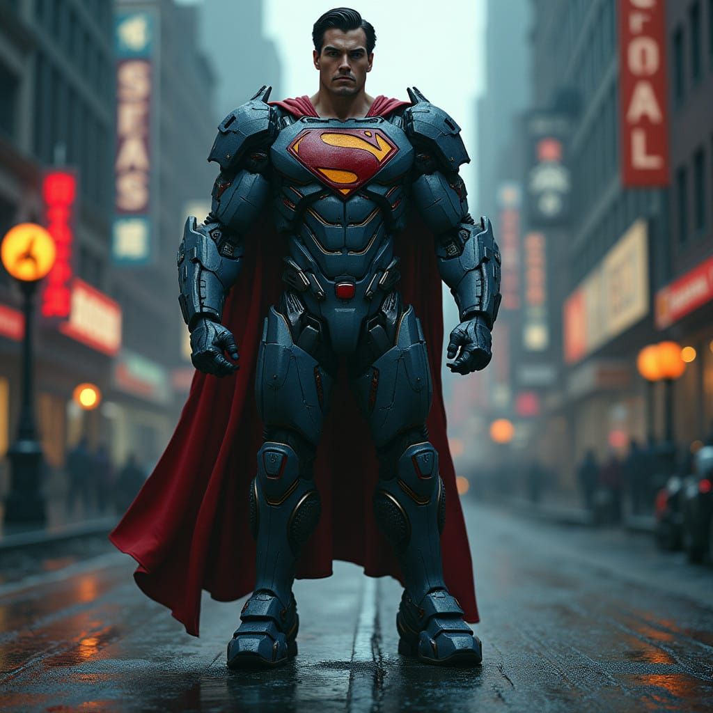 Cybernetic Superman Takes Flight in a Futuristic Metropolis
