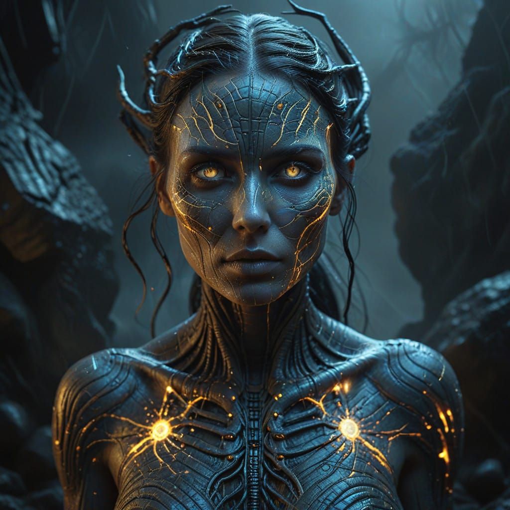 Surreal Goddess with Cracked, Glowing Skin in Mystical Lands...