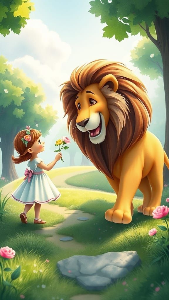 Girl Gives Flower to Lion: Watercolor 3D Art