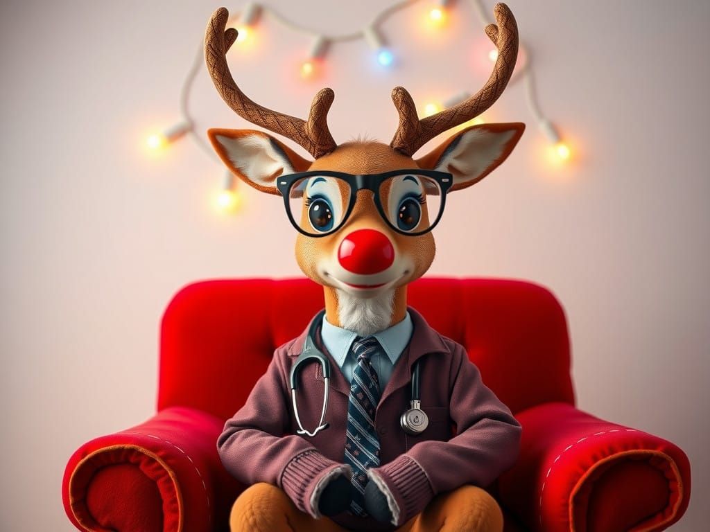 Rudolph in a Therapist's Outfit, Surrounded by Christmas Lig...
