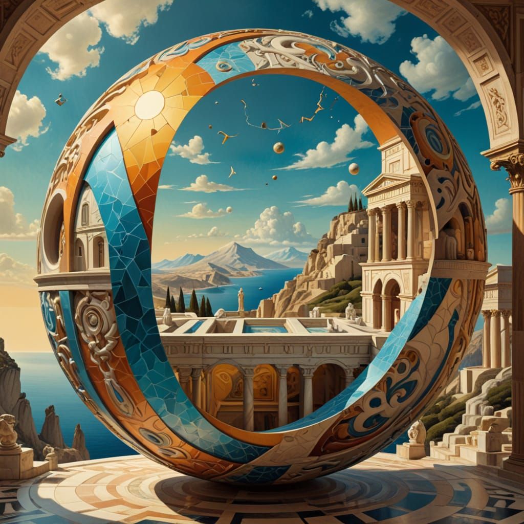 Surrealist Geometric Landscape with Archimedes