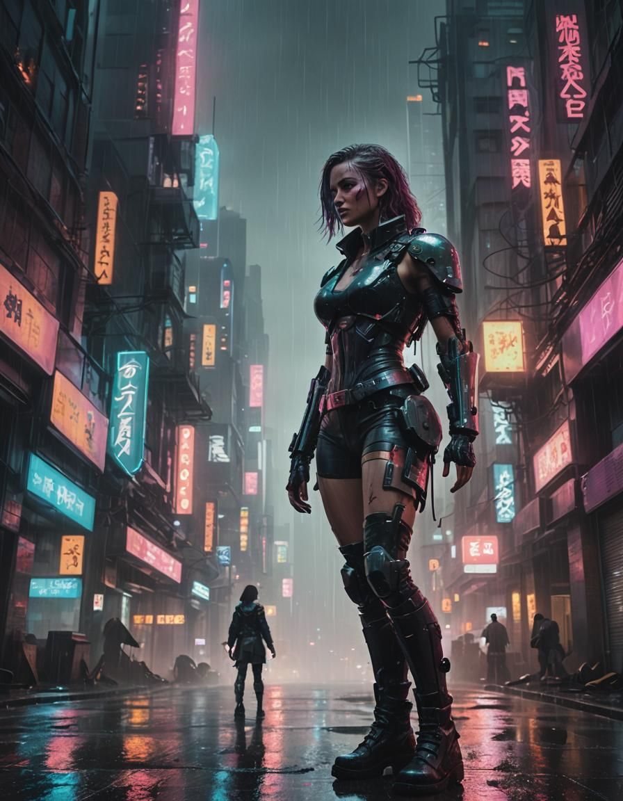 Cyberpunk Warrior Emerges from the Rainy City Streets