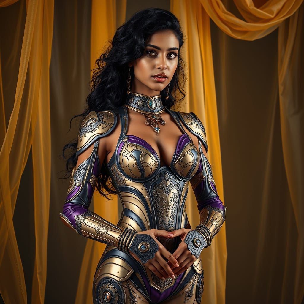 Haryana Woman in Futuristic Armor with Flowing Fabric