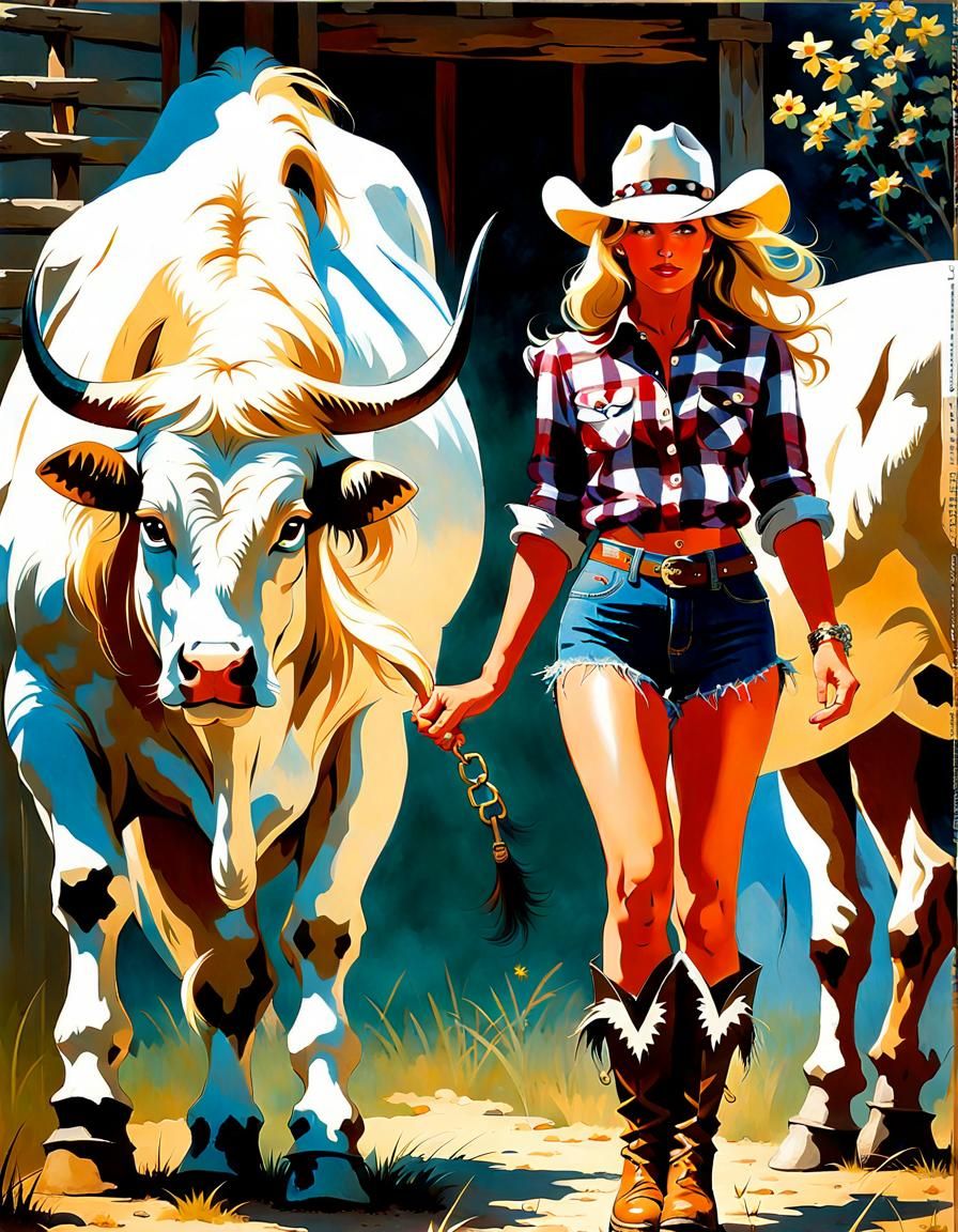 Fantasy Woman with Bull, Watercolor Painting