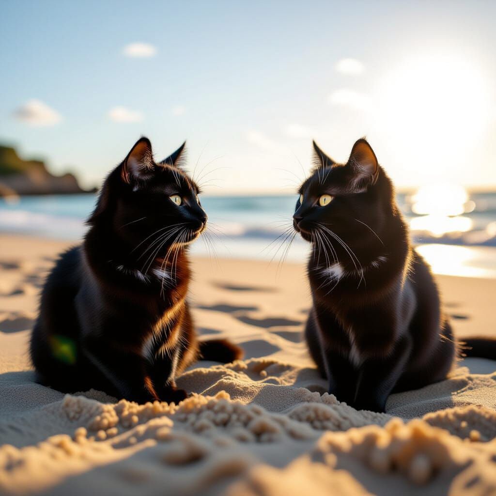 Joyful Black Cats on Sunny Spanish Beach