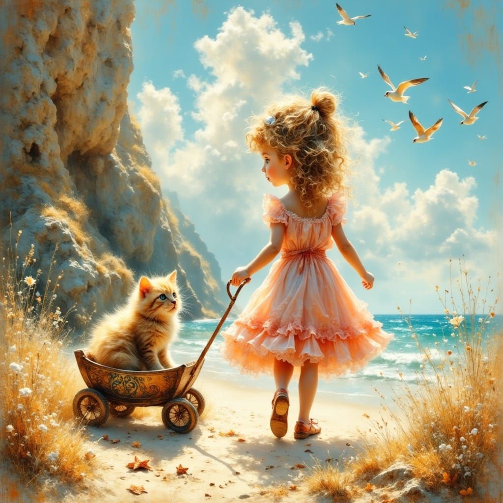 Whimsical Beach Scene with Little Girl and Kitten