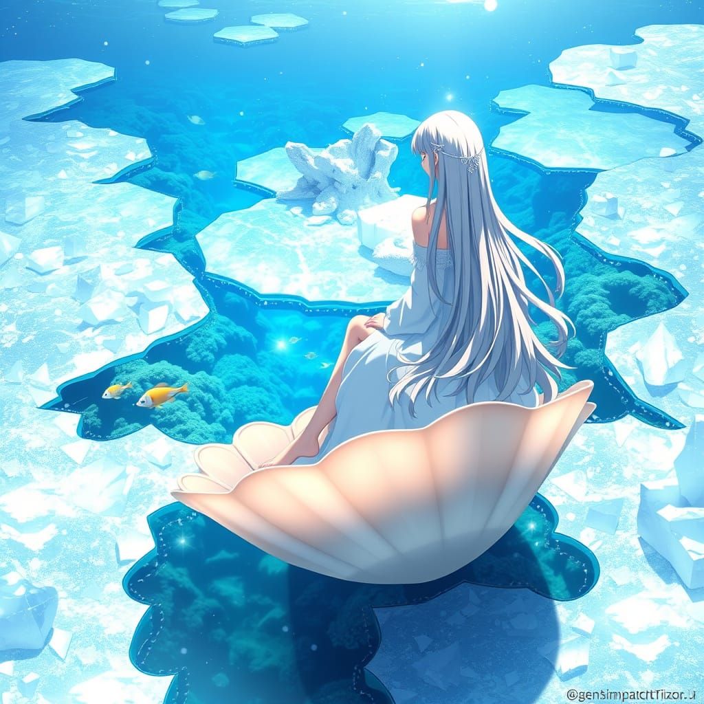 Anime Girl on Frozen Coral Reef in 8k