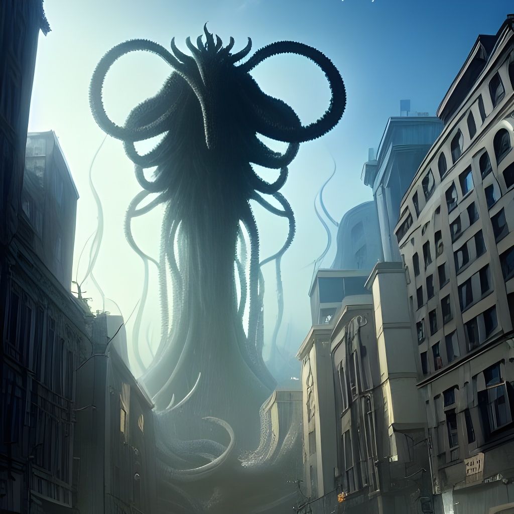 Eldritch Creature in City, Shounen Fantasy Anime Style