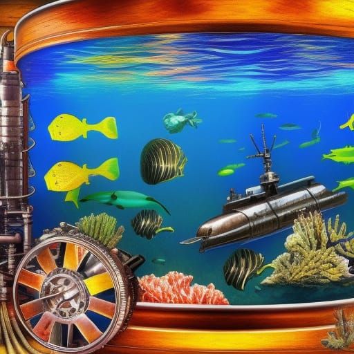 Navy Submarine with Steampunk Engine in Colorful Marine Scen...