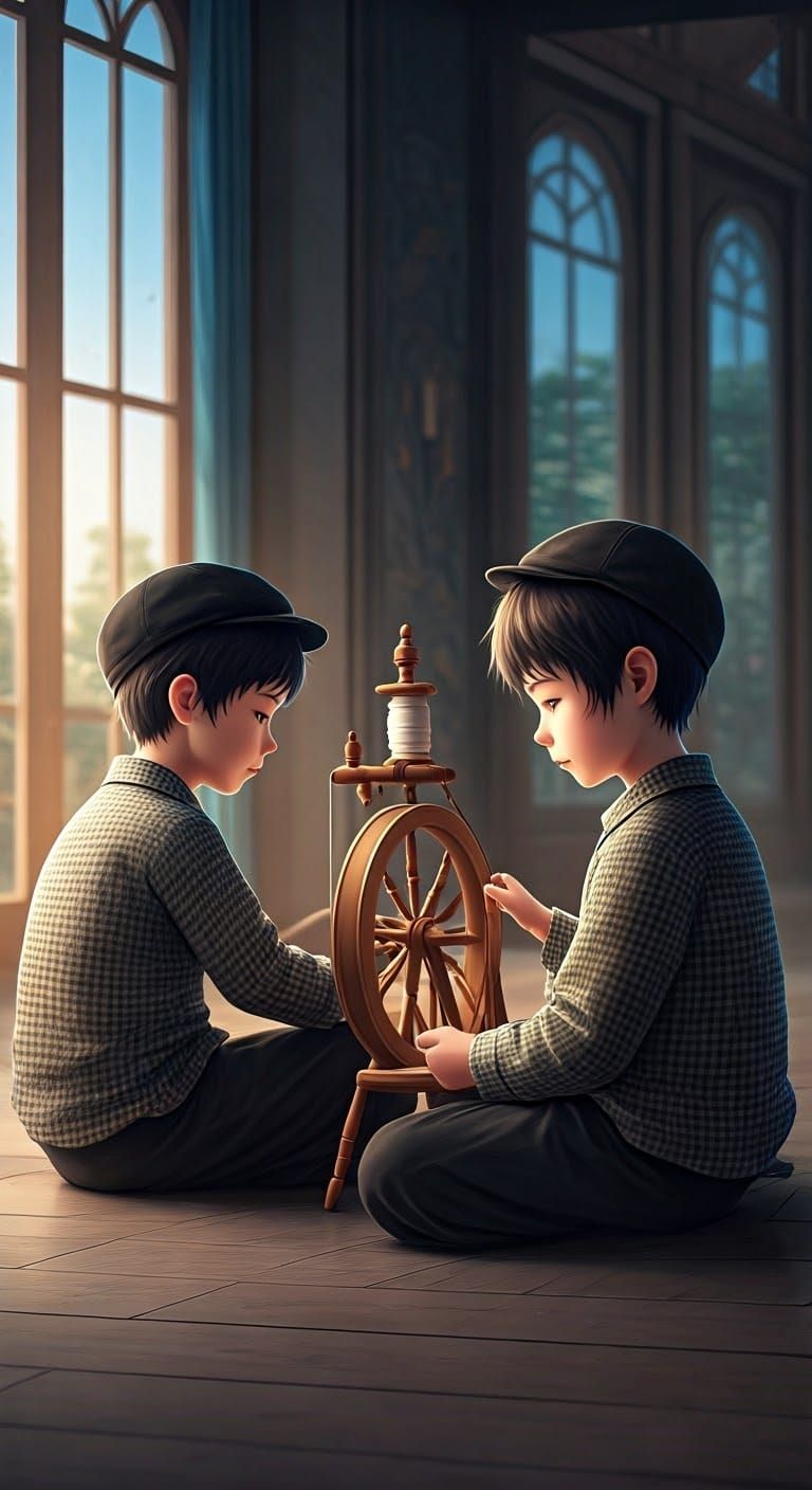 Children Playing with a Spinning Wheel, 3D Anime Art