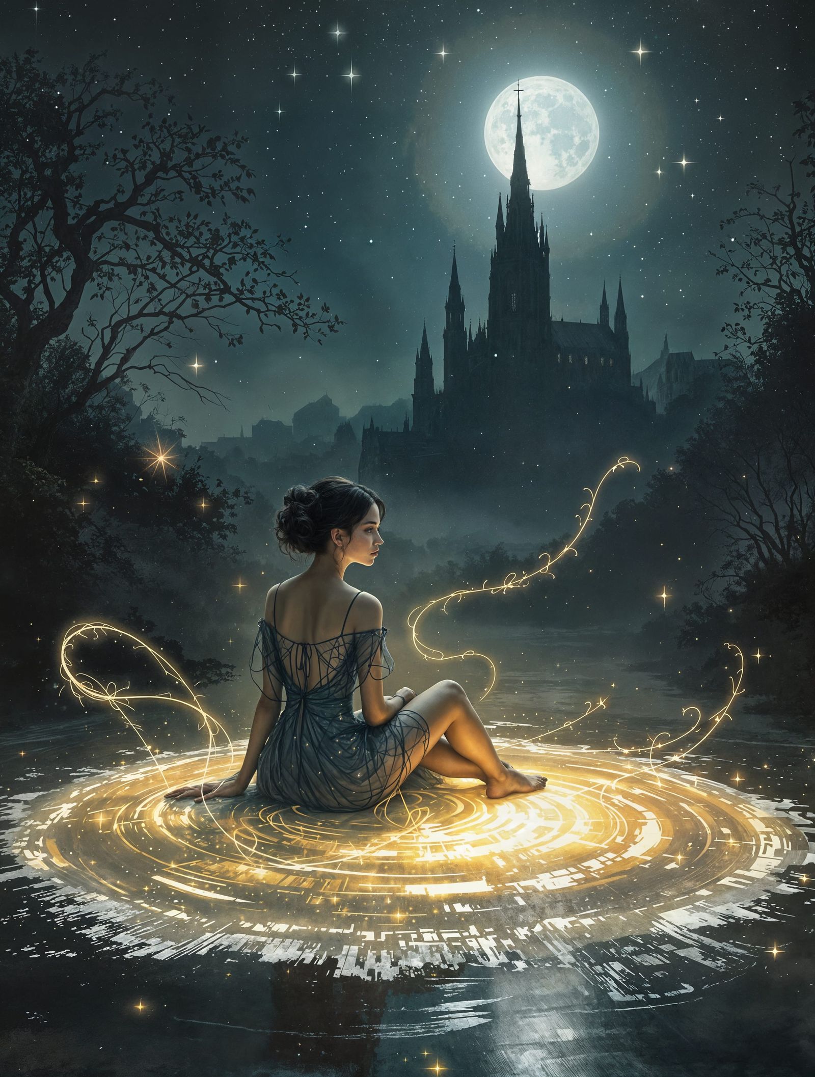 Ethereal Woman Under Moonlit Puddle in Vintage Fantasy Style