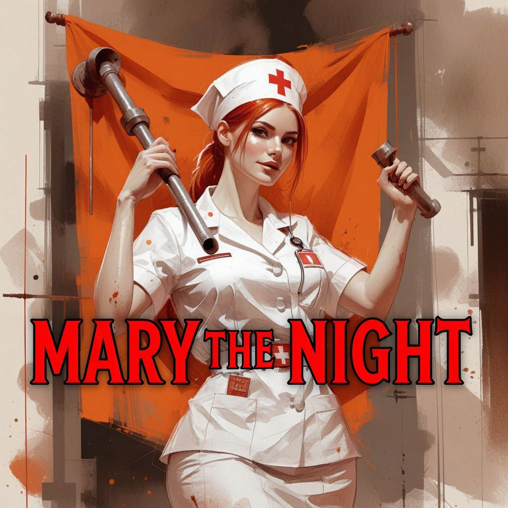 Victorious Nurse with Red Hair Holds Pipe in Rust Banner