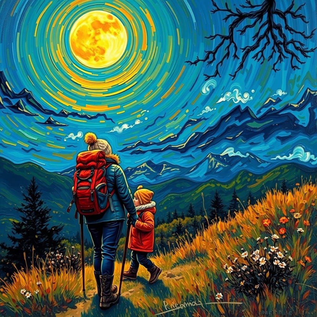 Woman and Child Hiking Under Moonlit Sky