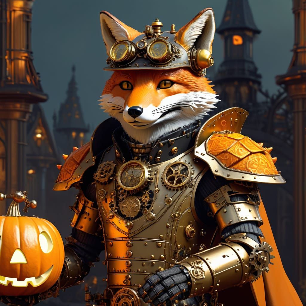 Steampunk Fox Knight with Jack-o'-Lantern in Golden Light