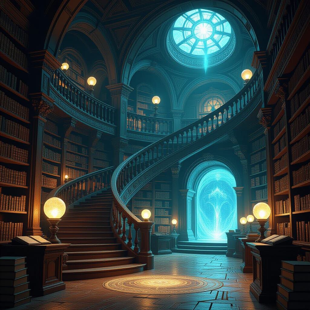 Mystical Library with Portal in Dreamlike Style