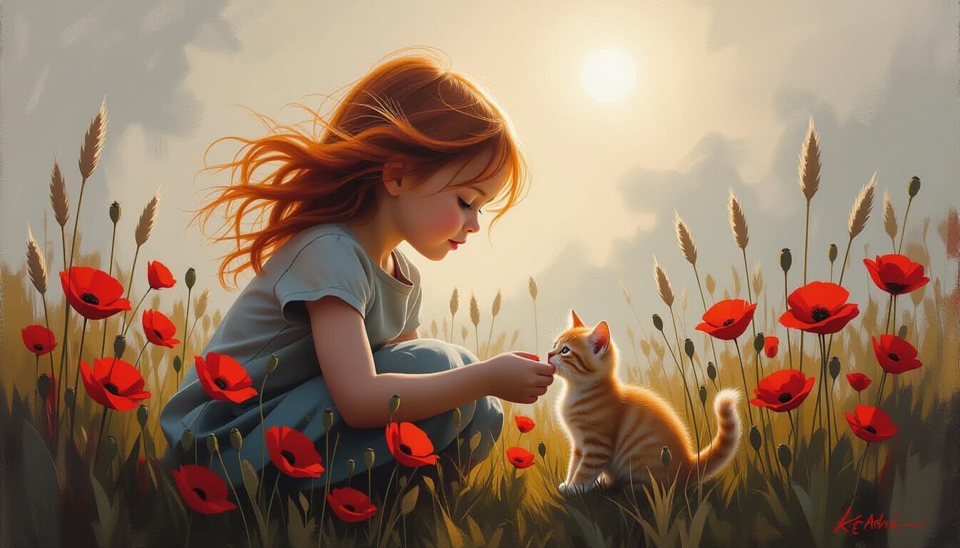 Heroic Girl and Kitten in Poppy Field Oil Painting