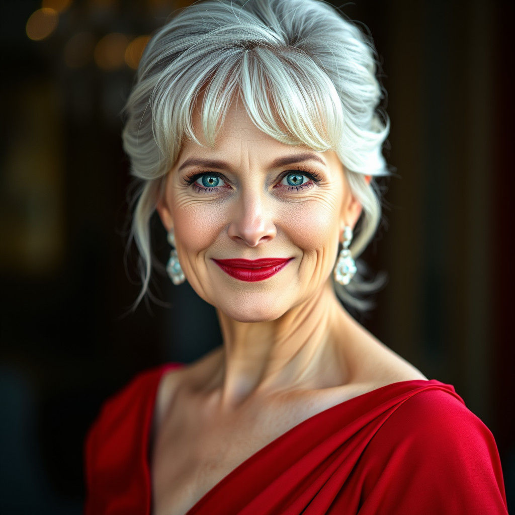 Elegant Woman in Red Gown: Photographic Studio Portrait