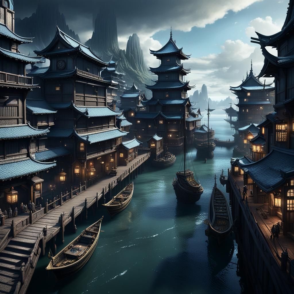 Dark Fantasy Port City in Medieval Japan