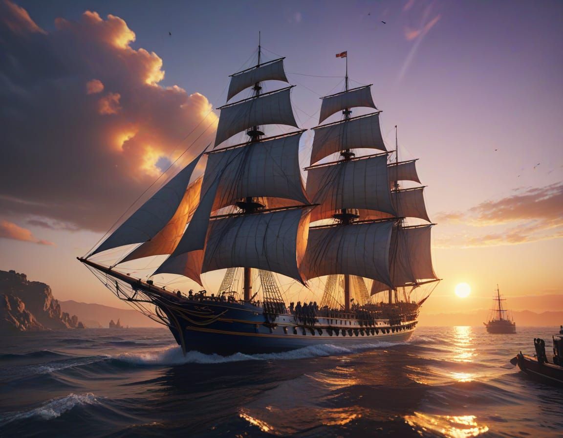 Sailing Ship at Sunset: Hyperrealistic Concept Art