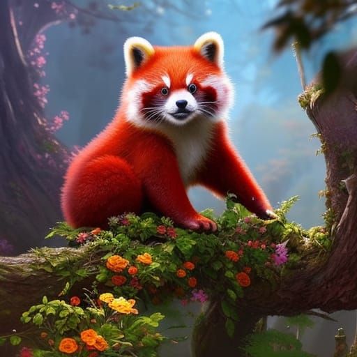Adorable Red Pandas in a Flower Garden