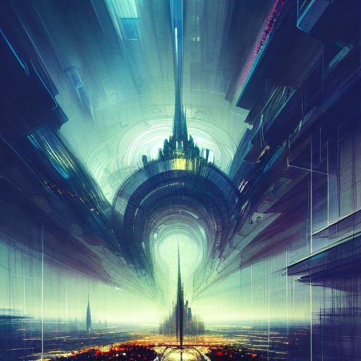 Futuristic City in Renaissance Painting Style